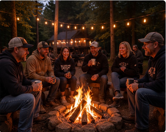 Men and women gathering and laughing around a bonfire