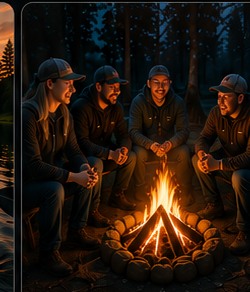 Men and women connecting around a campfire