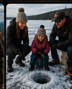 Woman, man, and child ice fishing together