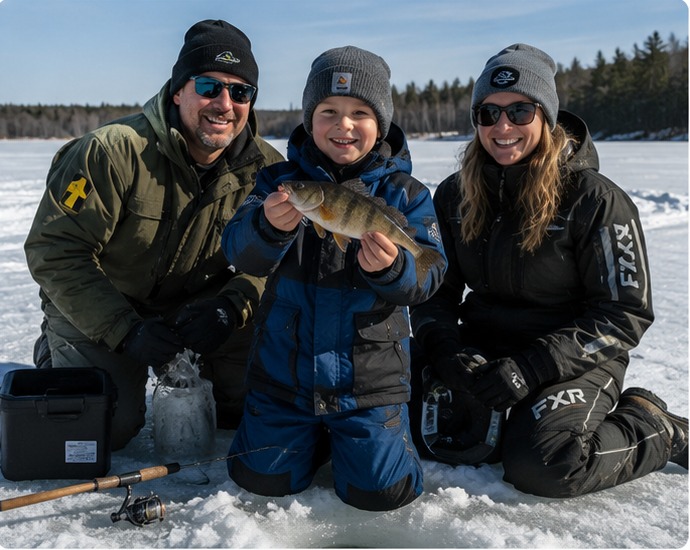 A family enjoying ice fishing together
