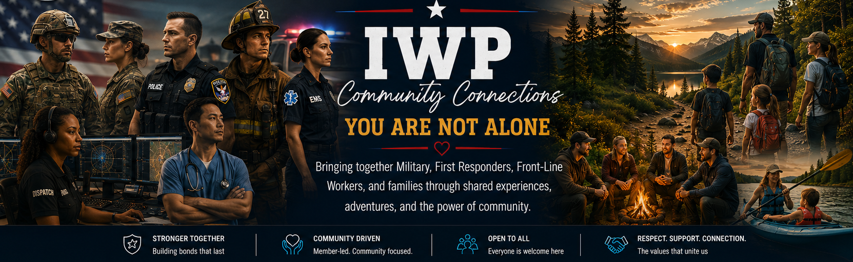 IWP Community Connections. You Are Not Alone. Bringing together Military, First Responders, Front-Line Workers, and families through shared experiences, adventures, and the power of community.