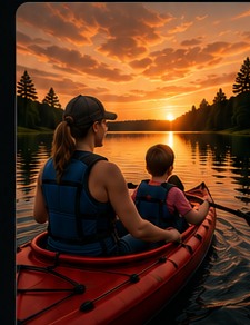 Woman and child kayaking together at sunset