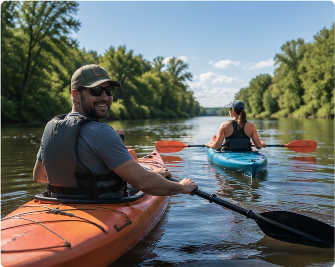 Men and women kayaking together on a wooded river